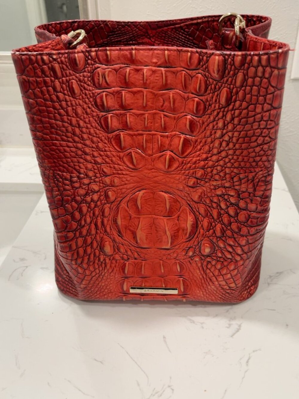 Brahmin Red Croc Embossed Leather Bucket Shoulder Bag + Dust Bag